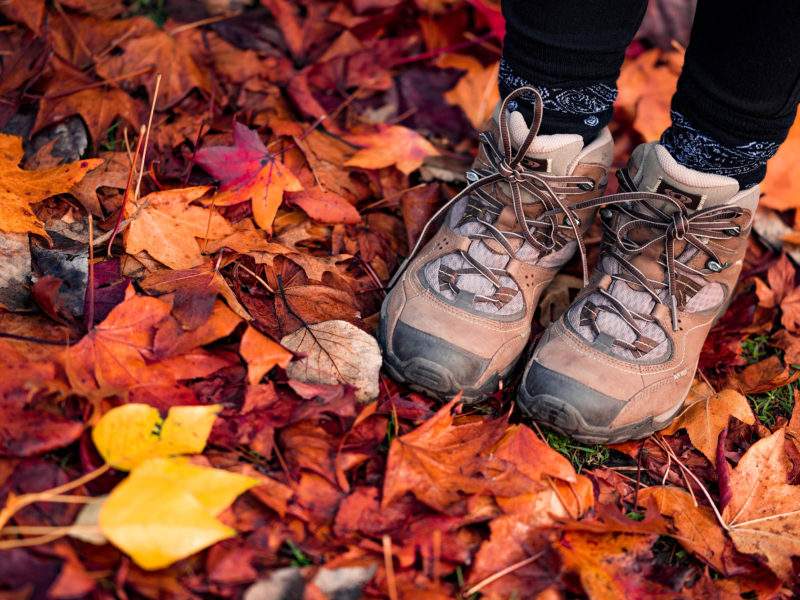 Hiking boots in autumn leaves