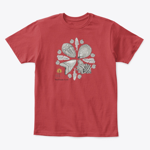 Red t-shirt with drawings of fossils in a circle